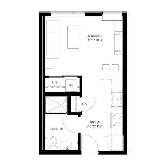 A black and white image of a floor plan for a small apartment.