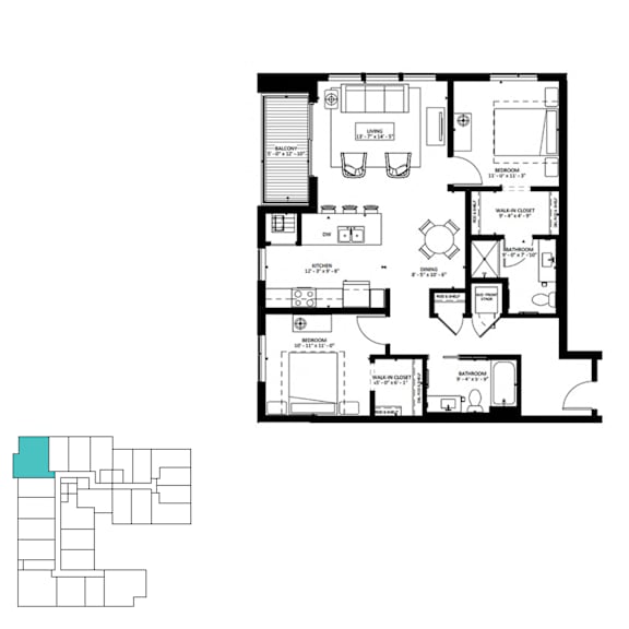 Floor Plan  A floor plan of an apartment with a kitchen, living room, and two bedrooms.