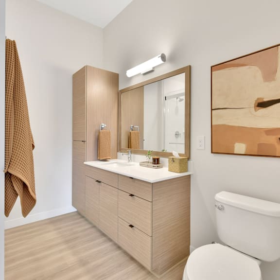 A bathroom with a white toilet and a wooden vanity with a mirror above it.