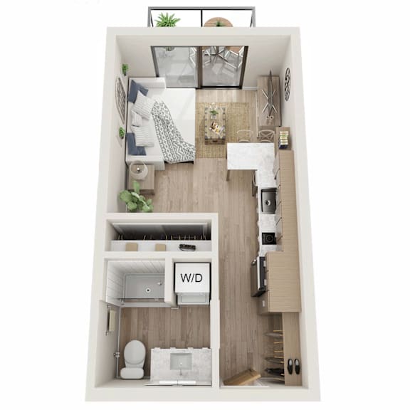 A top-down view of a small apartment with a kitchen, living room, and bathroom.