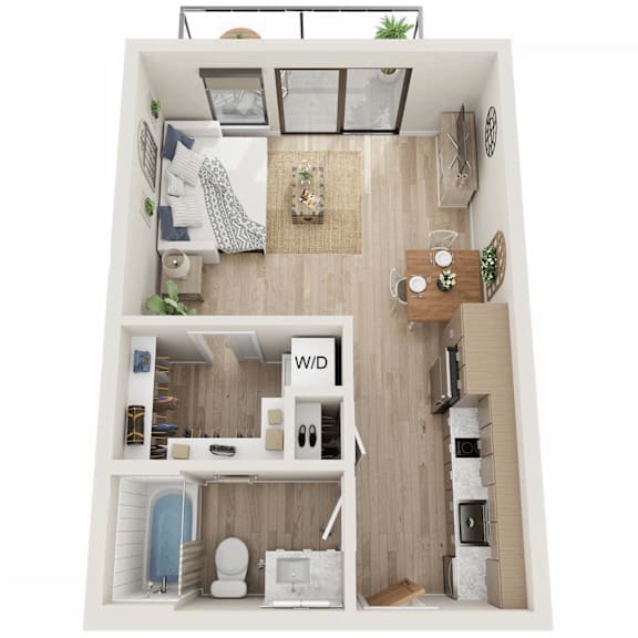A top-down view of a small apartment with a kitchen, living room, and bathroom.