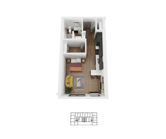 A floor plan of a small apartment with a kitchen, living room, and bedroom.