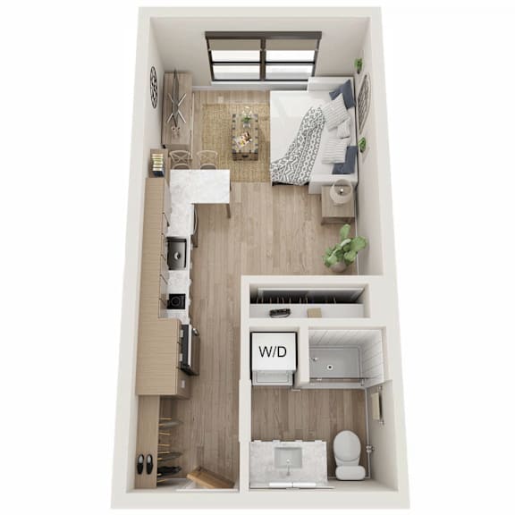 A small apartment with a bedroom and bathroom.