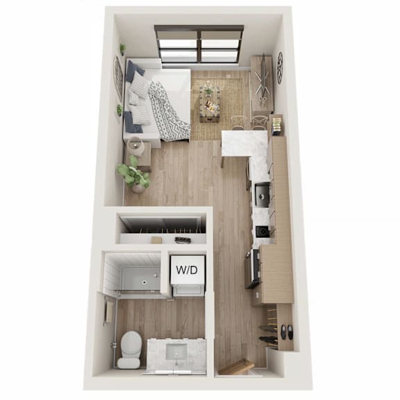 A top-down view of a small apartment with a bedroom, bathroom, and kitchen area.