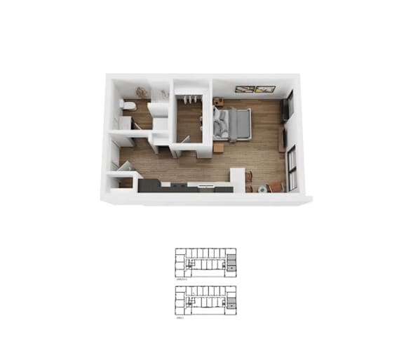 A floor plan of a small apartment with a kitchen, living room, and two bedrooms.