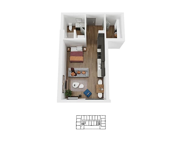 A top down view of a small apartment with a kitchen, living room and bedroom.