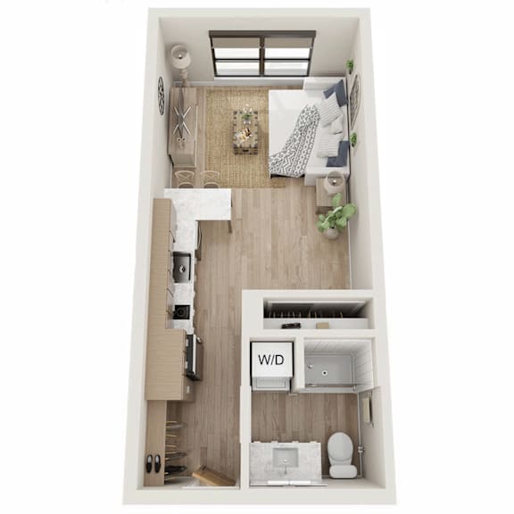 A small apartment layout with a kitchen, living room, and bathroom.