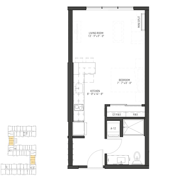 Floor Plan  A floor plan of a small apartment with a living room, bedroom, and kitchen.