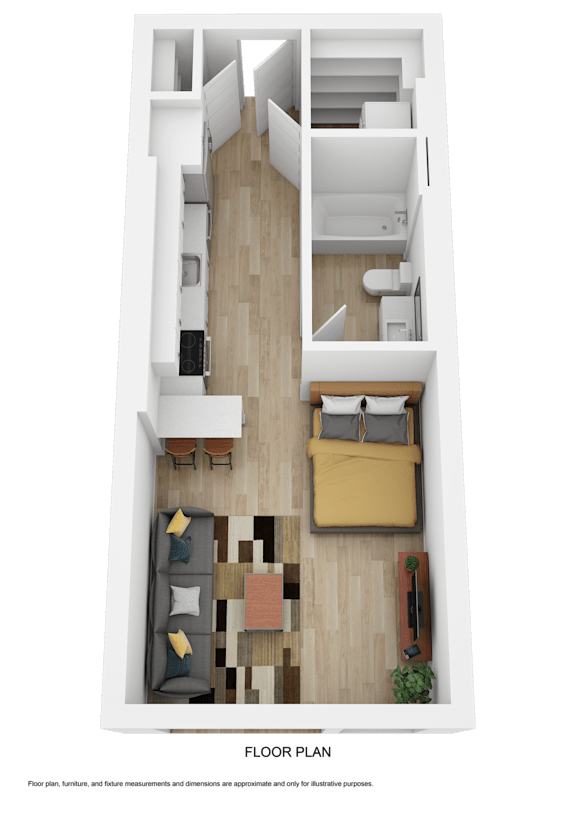 A floor plan of a small apartment with a living room, kitchen, and bedroom.