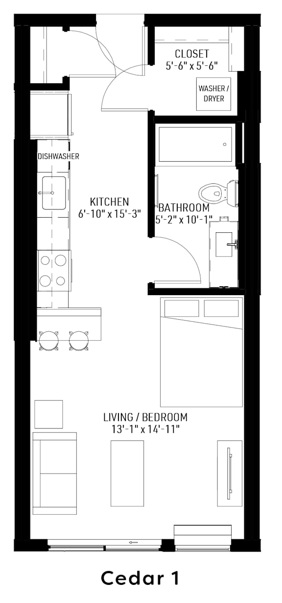 A floor plan of a one-bedroom apartment with a living room, kitchen, bathroom, and closet.