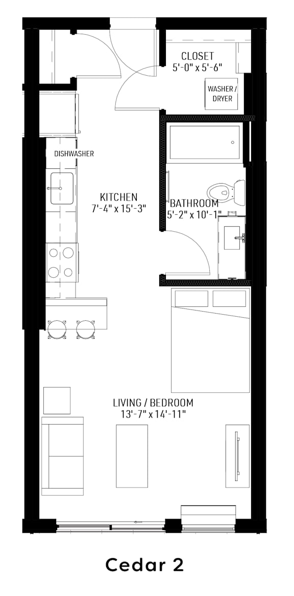 A floor plan of a Cedar 2 apartment with a living room, kitchen, bathroom, and dishwasher.
