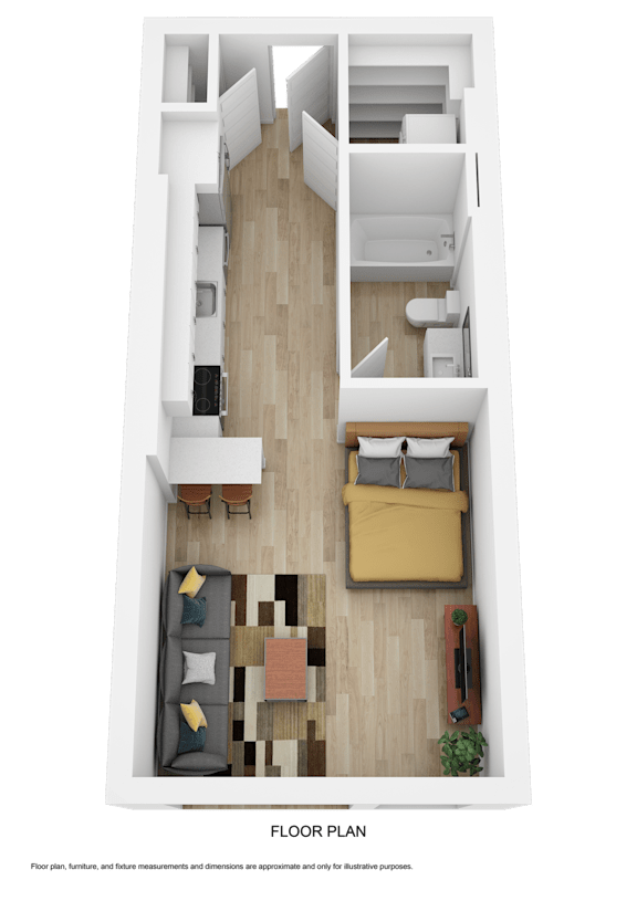 A floor plan of a small apartment with a living room, kitchen, and bedroom.