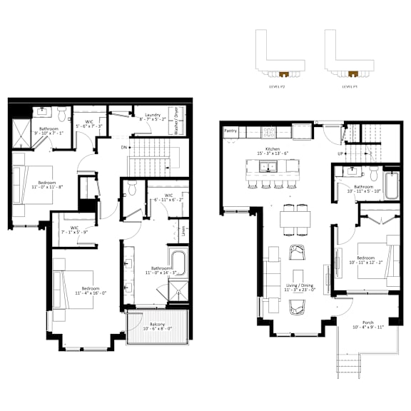 A black and white image of two floor plans of a house.