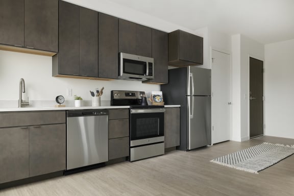 a kitchen with stainless steel appliances and dark cabinets
