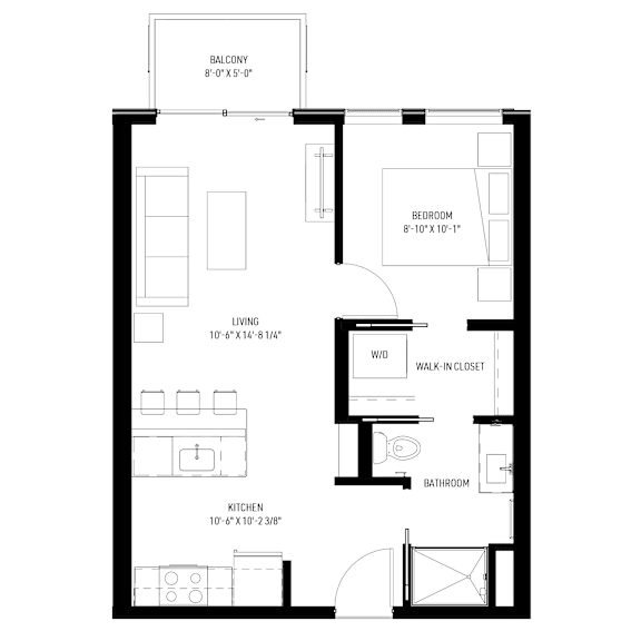 A black and white image of a floor plan for a small apartment.