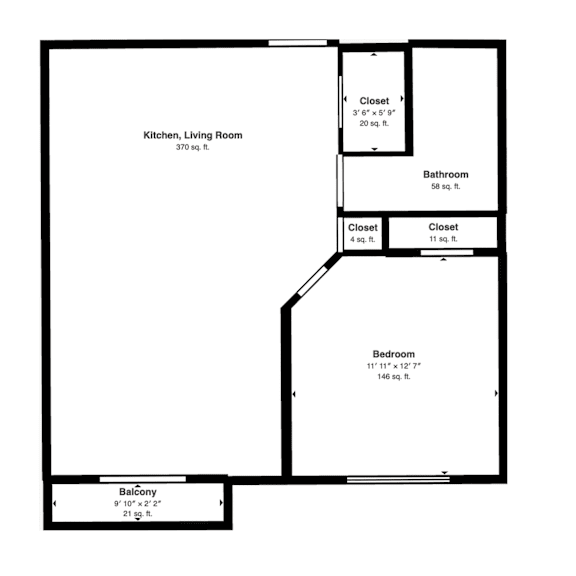 A floor plan of a house with a kitchen, living room, bathroom, bedroom and balcony.