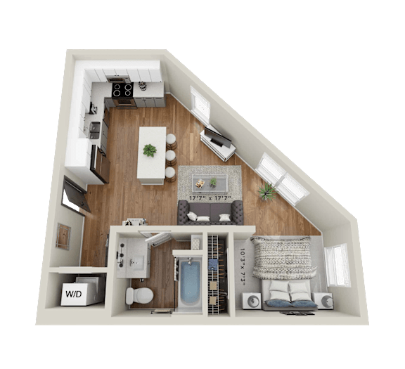 A 177 sq ft apartment layout with a living room, kitchen, and bathroom.