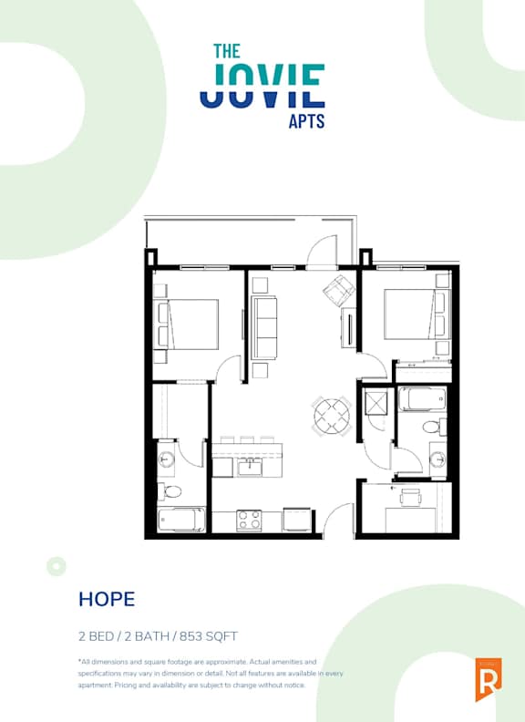 A floor plan for a 2 bedroom, 2 bathroom apartment sized at 853 square feet.