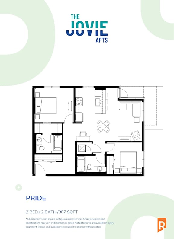 A floor plan for an apartment named Pride with 2 beds and 2 baths.
