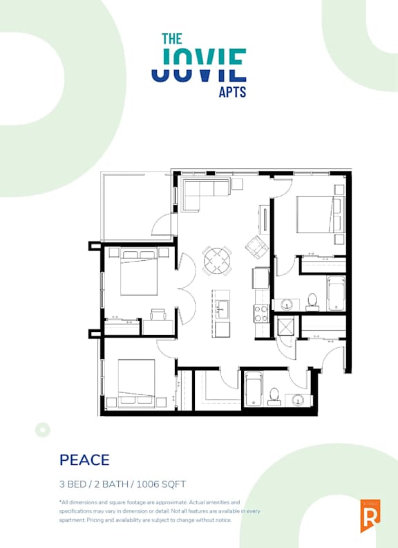 A floor plan for a 3 bedroom, 2 bathroom apartment sized at 1006 square feet.