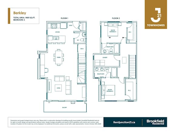 A floor plan for a Berkley townhome is shown with two bedrooms and two bathrooms.