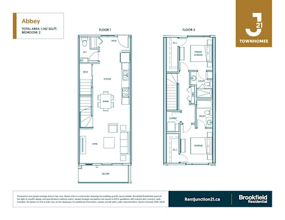 A floor plan for a 1,142 square foot two-bedroom townhome is shown.