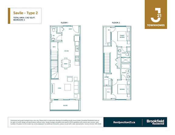 A floor plan for a Savile Type 2 townhome is shown, with a total area of 1,142 square feet.