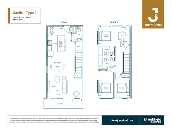 A floor plan for a Savile Type 1 townhome with a total area of 1384 square feet.