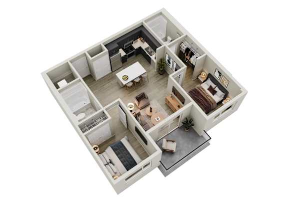 A 3D floor plan of a house with a kitchen, living room, and bedrooms.