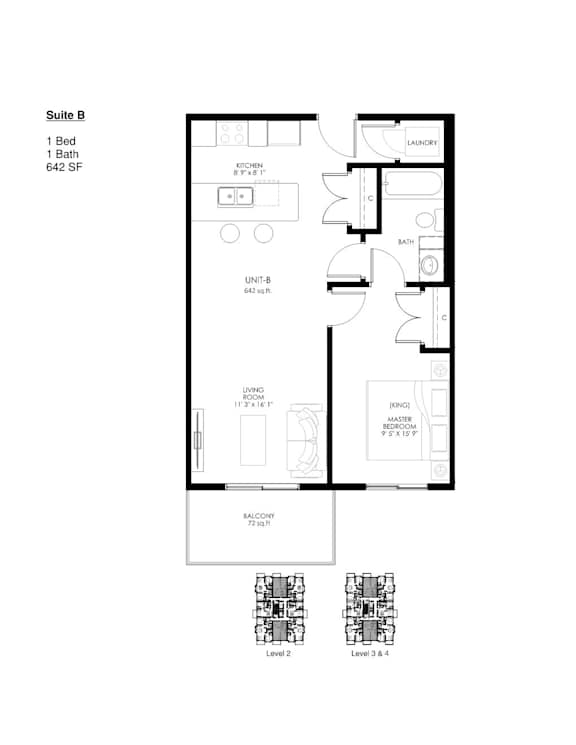 A floor plan of Suite B with one bed and a total area of 642 square feet.