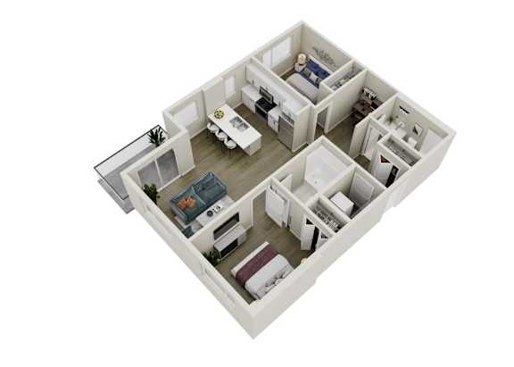 A 3D floor plan of a house with multiple rooms.