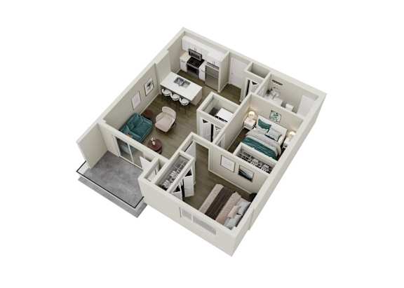 A 3D floor plan of a small apartment with a kitchen, living room, and bathroom.
