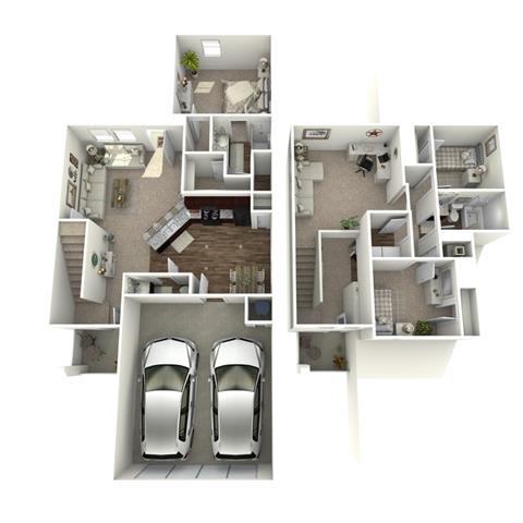 Floor Plan  a 3d rendering of a 3 bedroom apartment with two cars in the living room