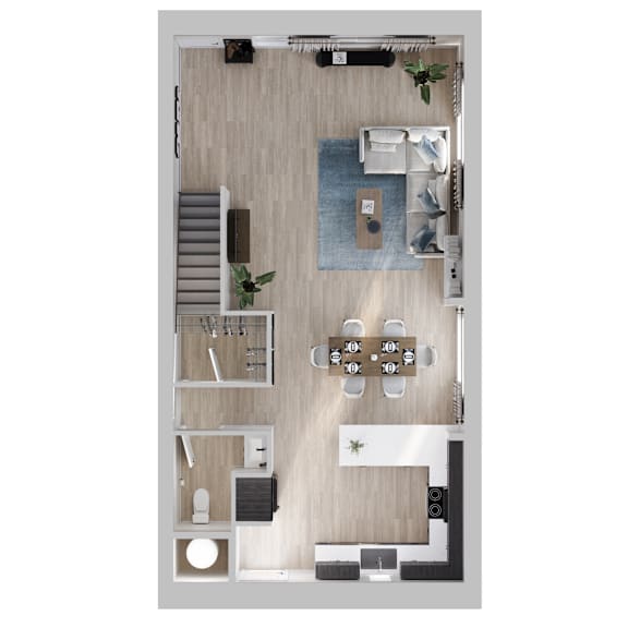 A top-down view of a house layout with a kitchen, dining area, and living room at The Village at Hawk View, Reno, NV, 89512.