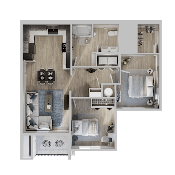 A top-down view of a modern apartment layout with a kitchen, living room, and bathroom at The Village at Hawk View, Reno, Nevada, 89512.
