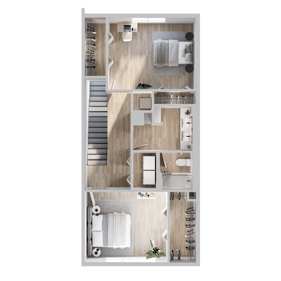 A top-down view of a modern apartment layout with a kitchen, living room, and bedrooms at The Village at Hawk View, Reno, NV .