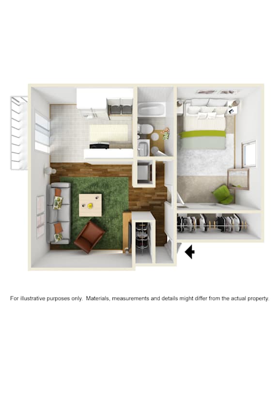 A 3D rendered image of a modern apartment layout.