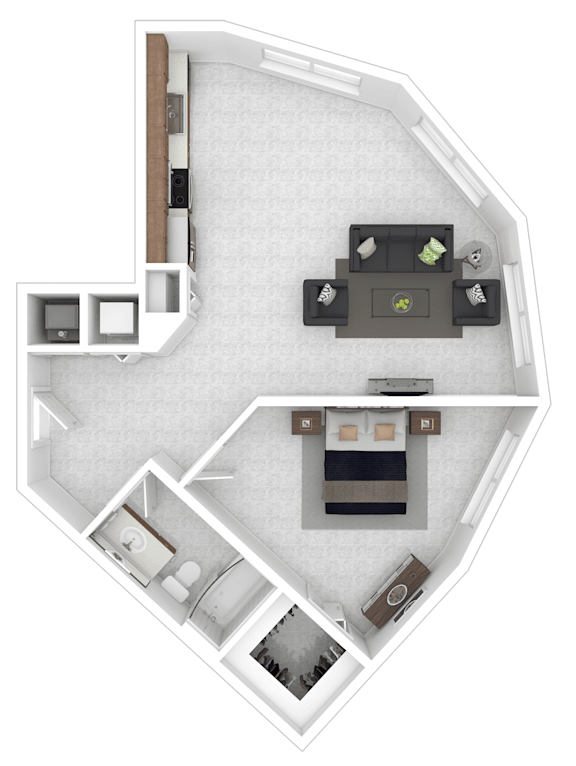 A top-down view of a house layout with a kitchen, living room, and two bedrooms.