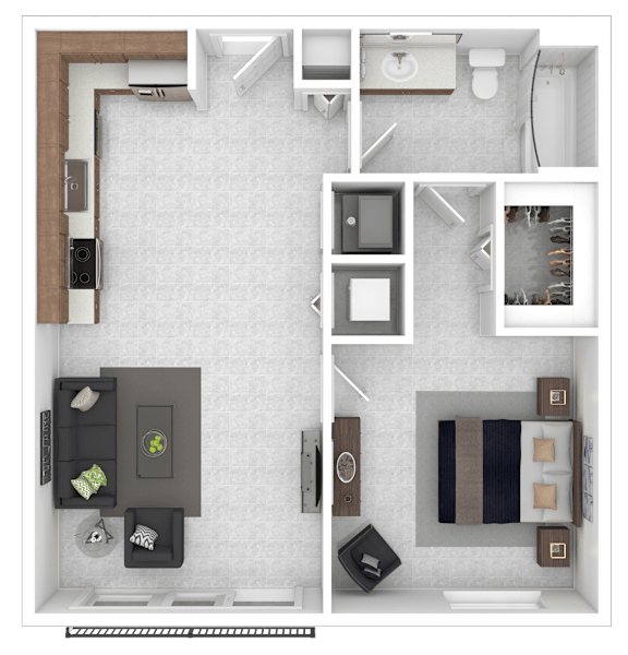 A floor plan of a small apartment with a kitchen, living room, and bathroom.
