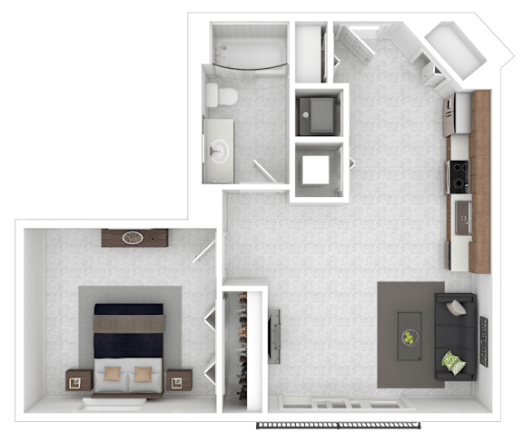 A top down view of a small apartment with a kitchen, living room, and bathroom.