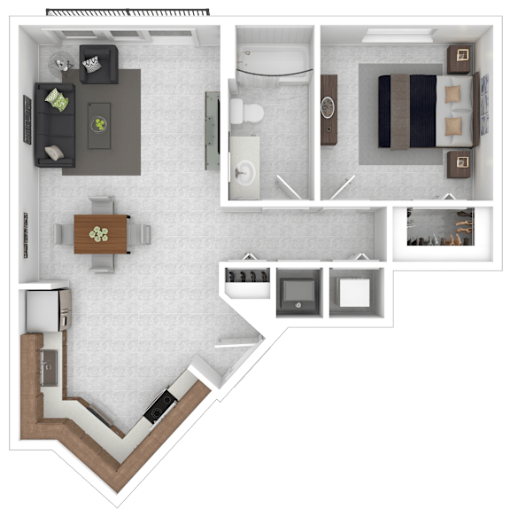 A floor plan of a house with a kitchen, living room, and bathroom.