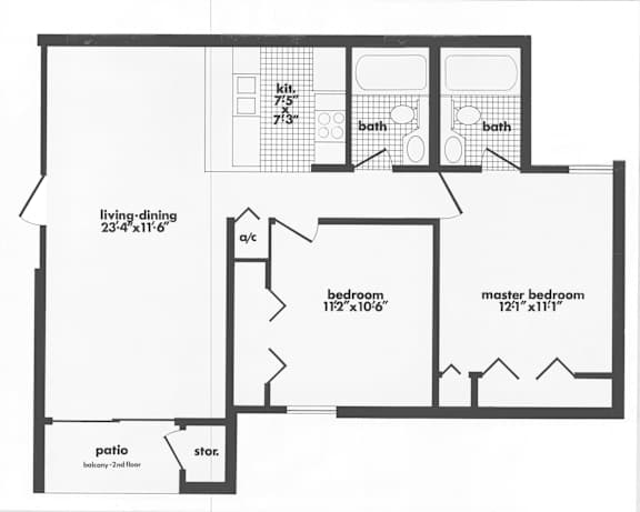 A black and white image of a house floor plan with a living area, two bathrooms, two bedrooms, a patio, and a second floor balcony.
