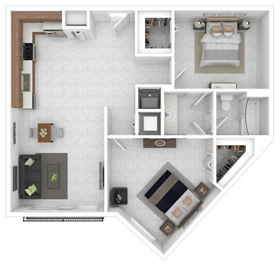 A 3D floor plan of a small apartment with a kitchen, living room, and bedroom.