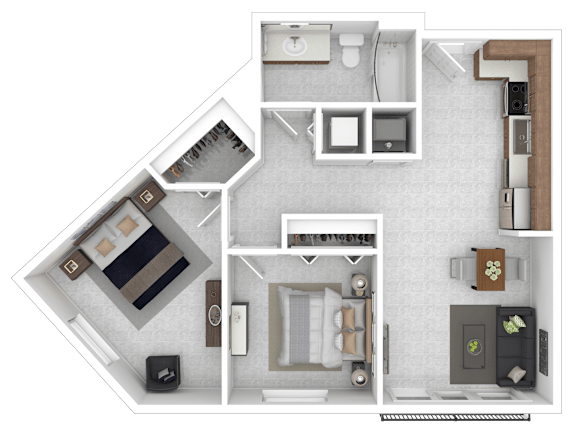 A top-down view of a small apartment layout with a kitchen, living room, and bathroom.
