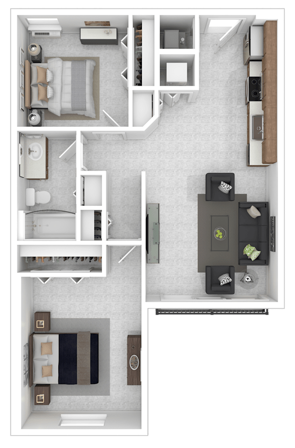 A floor plan of a house with a kitchen, living room, and two bedrooms.