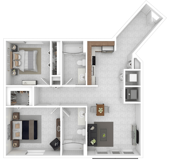 A 3D floor plan of a house showing a kitchen, living room, and bathroom.