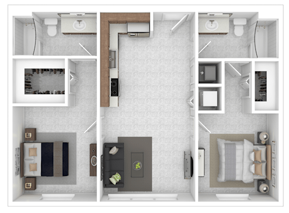 A top down view of a small apartment with a kitchen, living room, and bathroom.