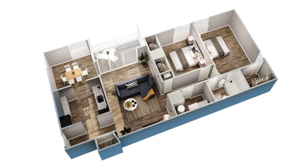 a 3d floor plan of a home with a bedroom and a living room