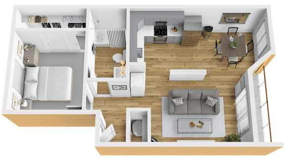 A 3D floor plan of a house showing a living room, kitchen, dining room, and bedrooms.