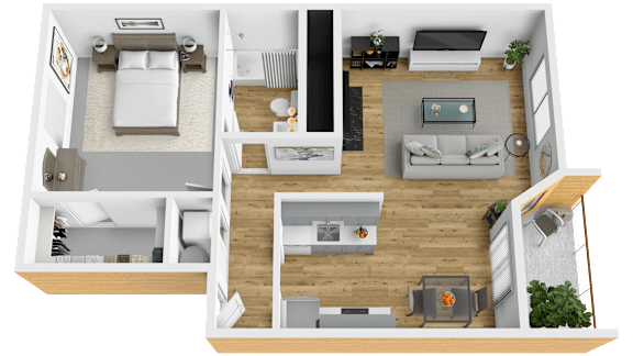 A top-down view of a small apartment with a bedroom, living room, and kitchen.
